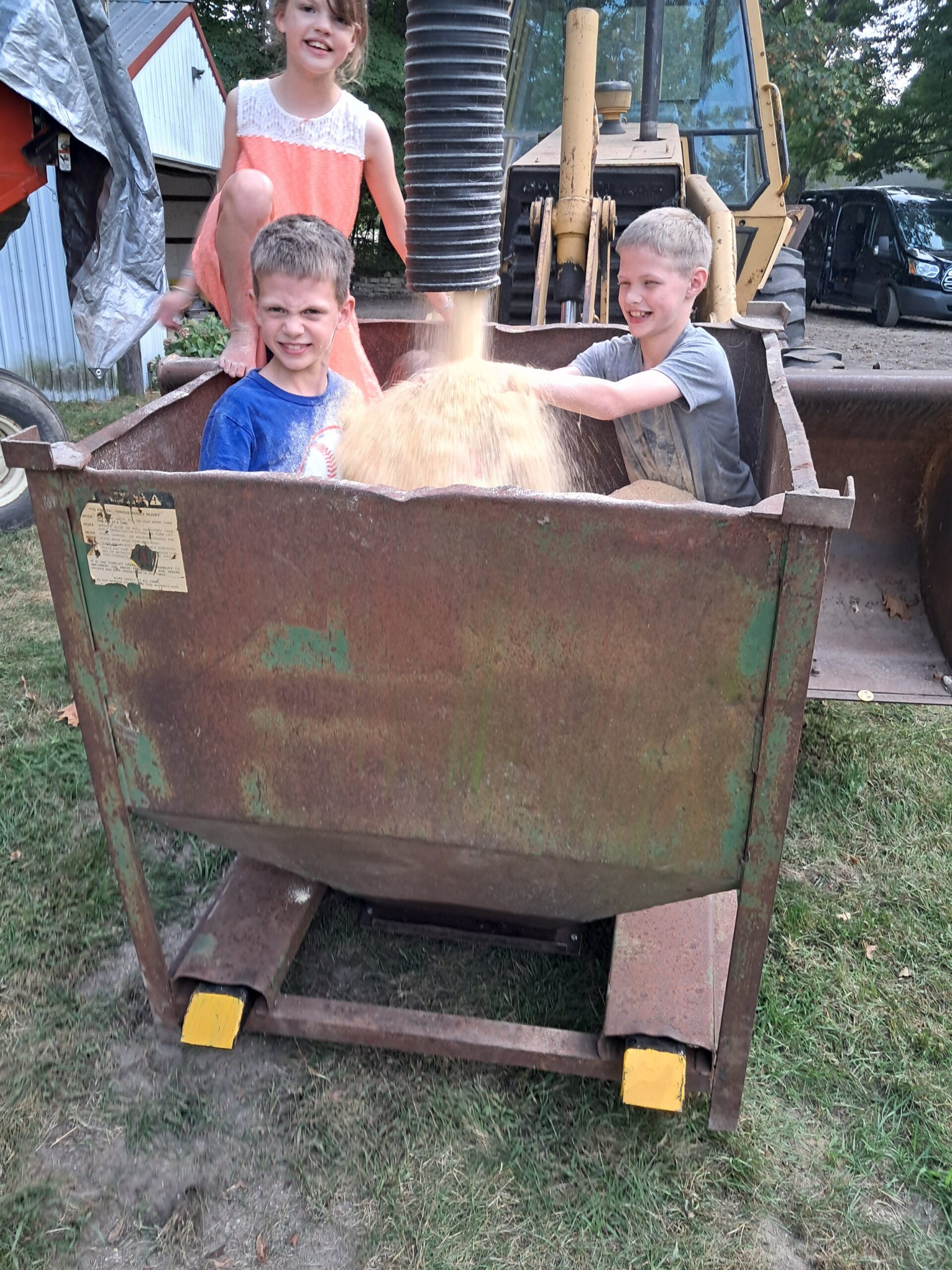 Three children play in a large, rusty agricultural bin as sand or grain is poured into it from a nearby machine. The scene captures a playful moment on a farm, with one child sitting inside the bin and two others actively participating in the fun. A tractor and a building are visible in the background, highlighting the outdoor setting.