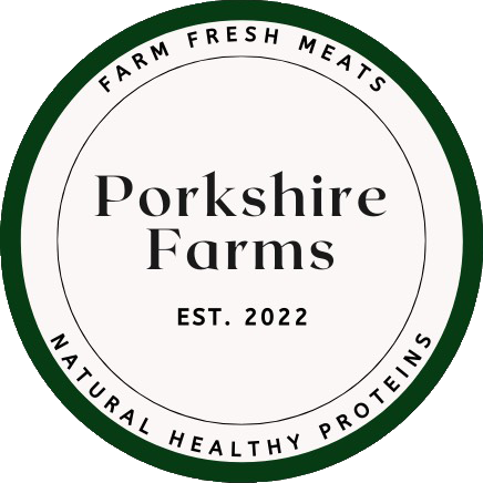 Logo of Porkshire Farms, established in 2022, featuring the tagline "Farm Fresh Meats" and emphasizing natural healthy proteins.